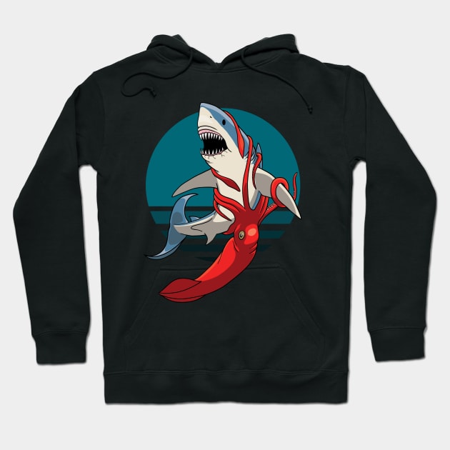 Great white shark and giant squid Hoodie by TMBTM